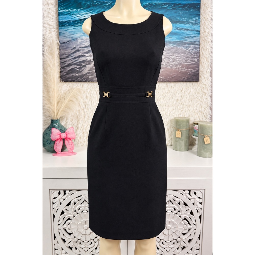 Tahari Arthur S. Levine Black Sheath Dress Size 4 Gold Hardware